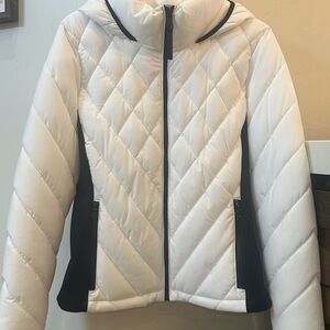 Calvin Klein White Quilted Hooded Puffer with Black Side Panels